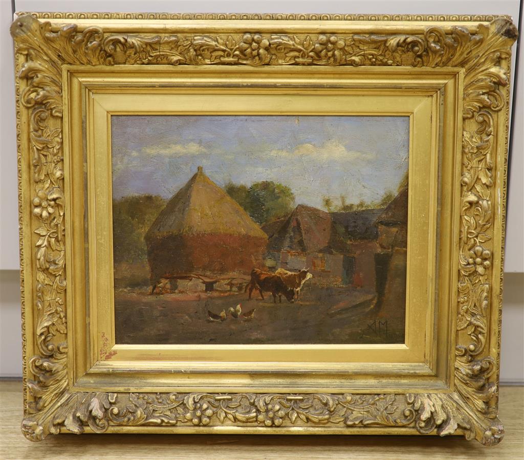 Attributed to Anton Mauve, oil on board, Farmyard with cattle and chickens, signed, 23 x 29cm